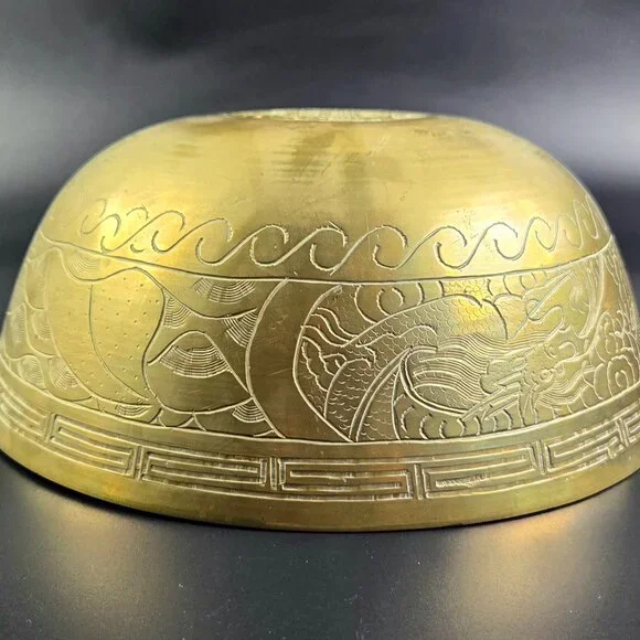 Antique Chinese Brass Bowl – 10 Diameter – Etched – Dragon and Phoenix Design